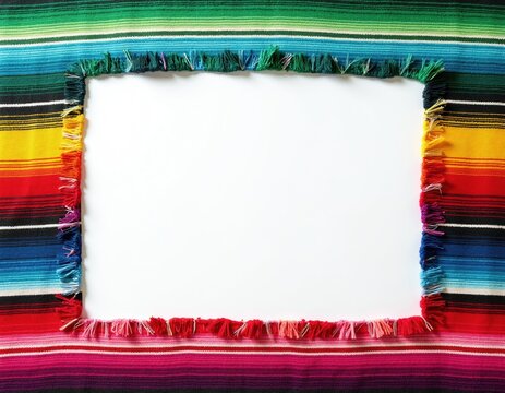 Colorful serape textile with fringed edges creates a vibrant border around blank white copy space. Traditional Mexican woven fabric offers festive frame for text or graphics, ideal for celebrations.