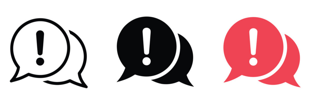 Exclamation mark chat icon representing warning message, speech bubble alert sign and important notification communication system, vector