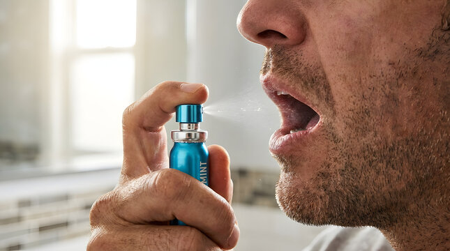 Man spraying breath freshener into mouth for fresh breath and oral hygiene. Generative AI image
