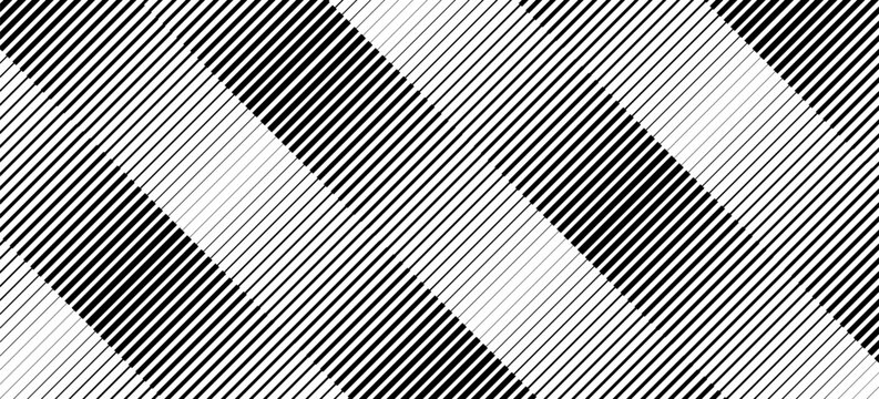 Black and white striped halftone gradient. Fading line gradation background. Repeating strip pattern backdrop. Parallel lines wallpaper for overlay, print, cover. Vector Doppler effect concept