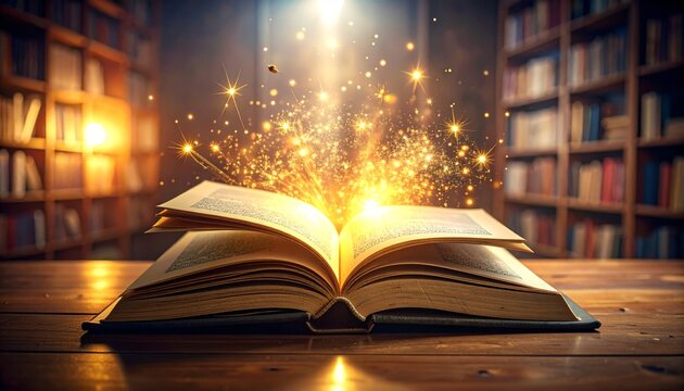 Enchanted Open Book Emitting Golden Magical Sparks
