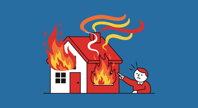 Worried man points toward a burning house with intense flames and smoke in an illustration depicting property damage emergencies.