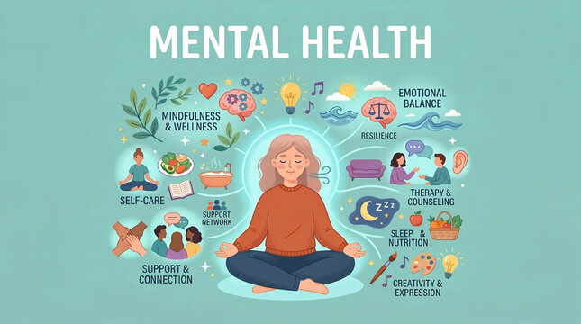 Illustrated mental health guide featuring meditation, support, therapy, and balance.