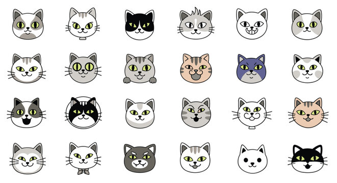 Extensive set of diverse cat face icons showcasing various breeds, colors, patterns, and cute expressions in a cartoon style.