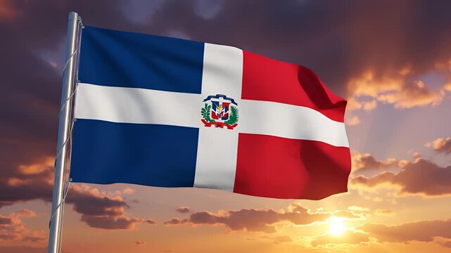 Dominican Republic Flag Waving Gracefully Against a Dramatic Sunset Sky.