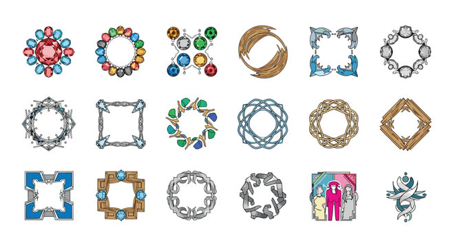 Collection of eighteen diverse ornamental frames and borders featuring gemstones, nautical themes, and intricate geometric designs.