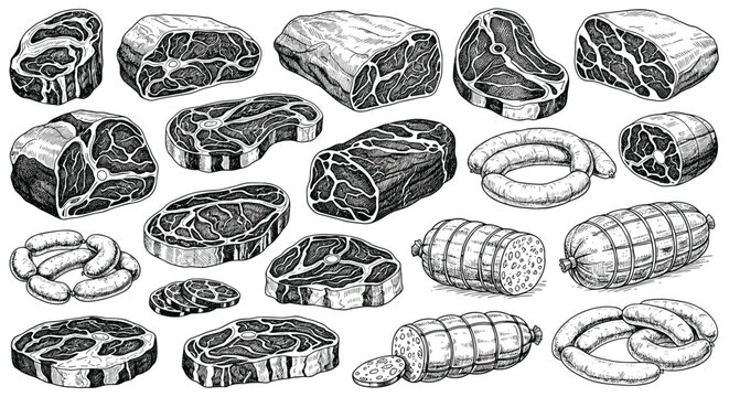 Extensive collection of detailed hand drawn sketches depicting various cuts of beef, steaks, pork, and assorted sausages.