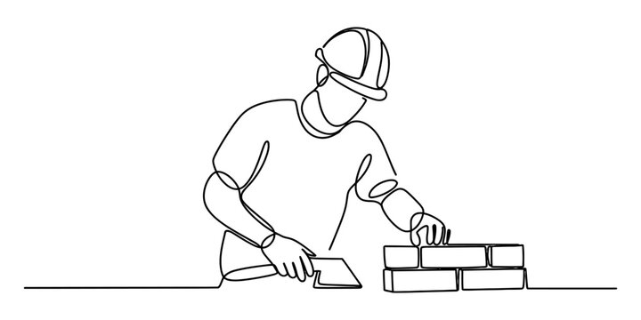 Continuous single line drawing of a construction worker wearing a hard hat building a brick wall with a trowel Vector, illustration