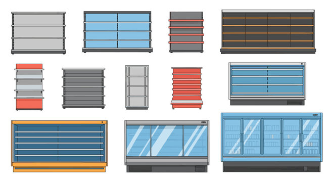 Assortment of store fixtures and retail equipment including empty shelving units and different types of refrigerated display cases.