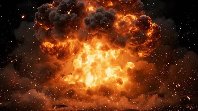 Massive fiery explosion with debris and smoke filling the dark sky
