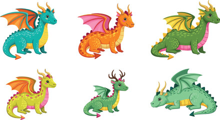 Obraz premium Cute Magic Dragon Cartoon Character Vector Icon Set with Friendly Colorful Baby Dragons and Wings for Kids Book and Fantasy Game Designs