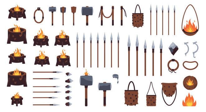 Prehistoric and stone age tool illustrations including spears, hammers, fire pits, and stone pouches in a pixel art style.