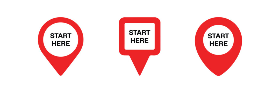 Start Here Map icon Collection Featuring Red GPS Location Pins and Navigation Symbols, isolated vector illustration for Travel and Mapping design.