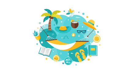 Naklejka premium Tropical Summer Vacation Concept with Hammock, Palm Tree, and Travel Accessories Flat Illustration