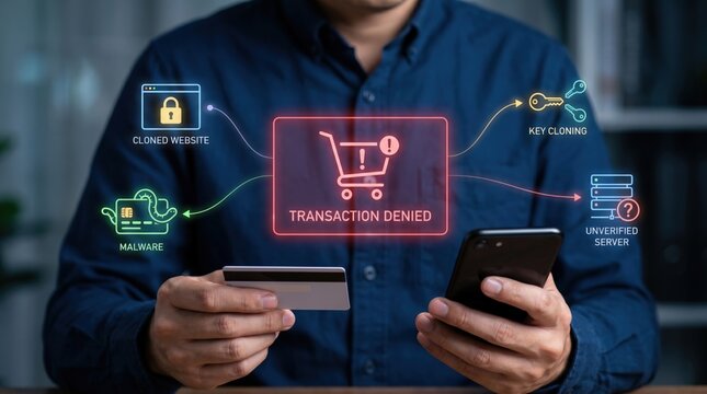 Cybersecurity Financial Fraud Concept: Professional Holding Credit Card beside Smartphone with Holographic Transaction Denied Alert Interface