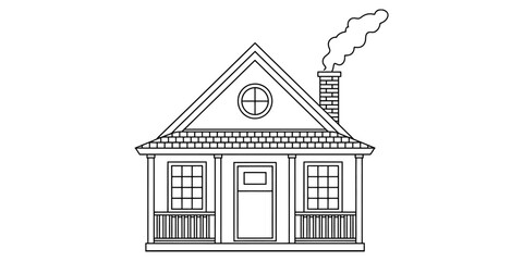 Simple line drawing of a small cozy cottage house with a smoking chimney Vector, illustration © Kanu Art_Gallery