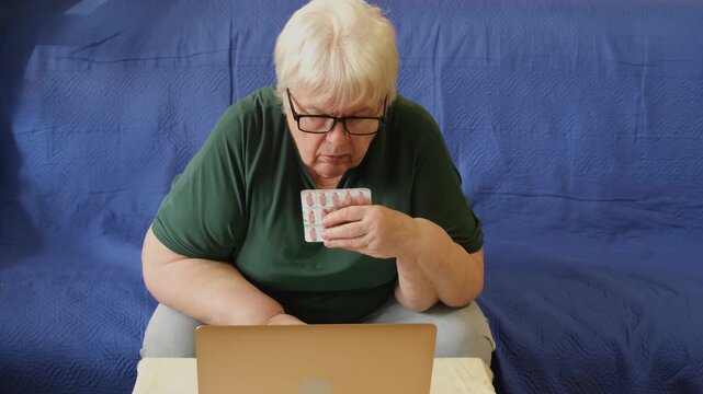 Elderly woman in glasses holding blister pack of pills while looking at laptop screen. Concept of online medicine purchase, insurance, drug side effects, adverse reactions and high cost of treatment