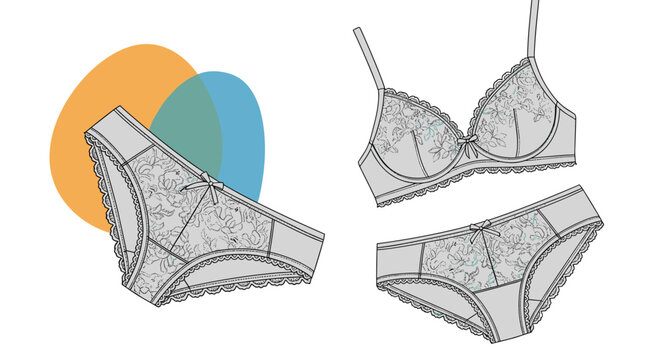 Elegant grey lace lingerie set consisting of a bra and matching panties with delicate floral embroidery and bow details.