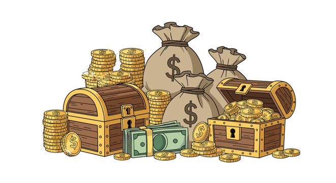 Pile of treasure including wooden chests, sacks of money, stacks of gold coins, and bundles of banknotes for wealth concepts.