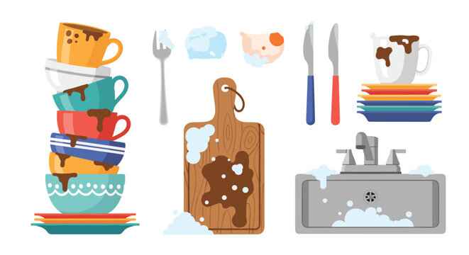 Messy stack of dirty colorful dishes cups and kitchen utensils next to a metal kitchen sink filled with soapy bubbles.
