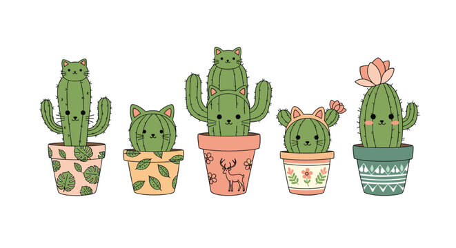 Set of adorable cacti in colorful pots shaped like kittens with little faces and ears in a whimsical plant design.