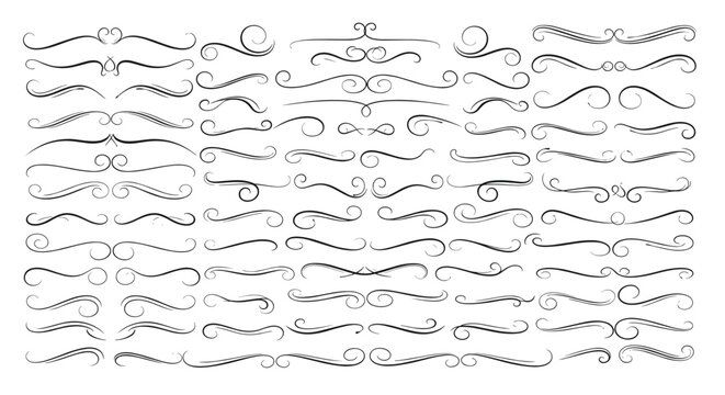 Set of decorative calligraphic flourishes swirls and dividers for page embellishments and various document designs.
