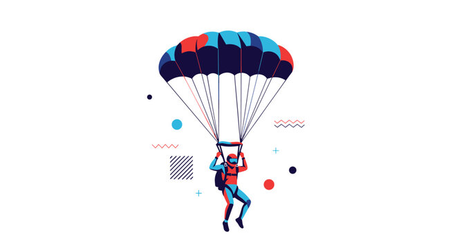 Skydiver in full gear falling through the air with a colorful open parachute against an abstract geometric background.
