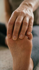 Fototapeta premium Extreme close-up of woman hand holding bare foot while stretching at home, female preparing for fitness training and muscle warm-up in minimalist living room