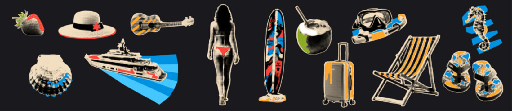 Summer halftone cutout set. Beach holiday collage popart elements.