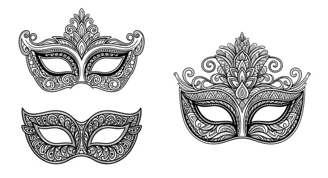 Three highly detailed black and white hand drawn ornate carnival masks with intricate patterns for masquerade ball designs.
