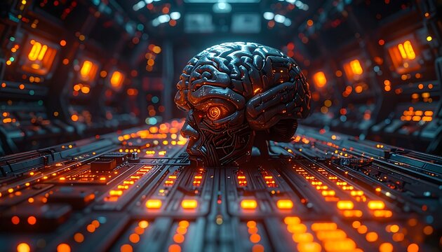 A futuristic metallic brain sits atop a vibrant circuit board with glowing orange lights in a dark industrial room.