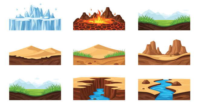Collection of nine different environmental game levels or biomes including desert, arctic, volcano, forest, and river canyon scenes.