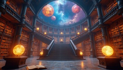 Fototapeta premium Grand library interior with celestial sky ceiling and glowing orbs. Tall bookshelves filled with ancient books surround a central staircase, leading to upper levels of knowledge.