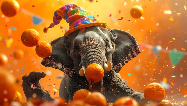 Elephant Juggling Oranges in Jester Hat with Confetti