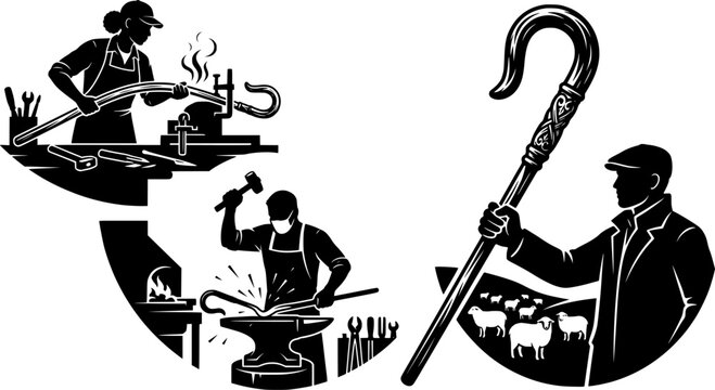Traditional blacksmith process making a shepherd crook and farmer with sheep silhouette vector