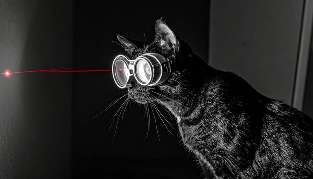 Black cat in vintage goggles tracking laser