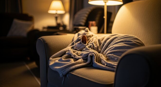 Small cat comfortably sleeping curled up on a soft blanket on an armchair with dim lamps in the background.