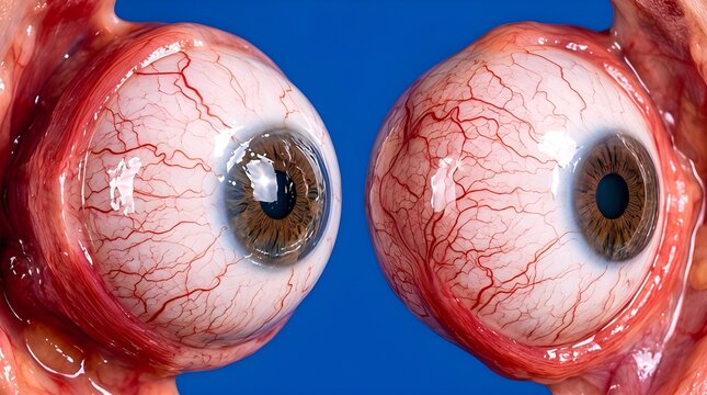 Detailed medical illustration of realistic human eyeballs showing red blood vessels on sclera and brown iris patterns against a blue background. Perfect for biology and anatomy education.