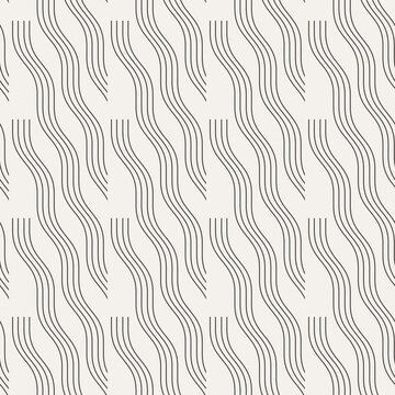 Minimalist seamless pattern featuring flowing wavy black lines arranged in a unique diagonal ribbon geometric composition