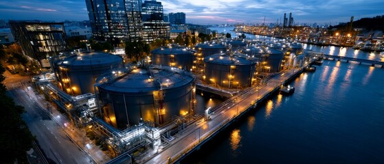 Fototapeta premium A night-time view of an industrial terminal with tanks by the water, where the lighting provides an atmospheric backdrop for articles on the energy sector.