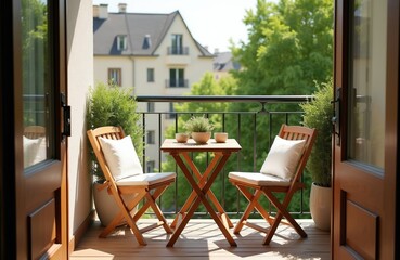 Fototapeta premium Wooden table and chairs on balcony with potted plants. Sunny daytime urban view. Peaceful small outdoor seating area with cushions. Relaxing apartment space.