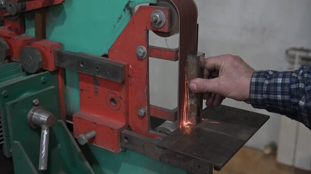 An electric machine for grinding metal in the production room of the workshop. The process of working on a metal-sanded grinding machine with working hands