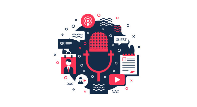 Podcast and Digital Media Concept Illustration Featuring a Microphone, Guest Interview, and Content Creation Icons for Professional Broadcasting