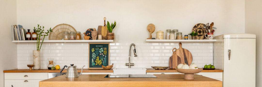 Stylish and Bright Kitchen Interior with Wood Countertops, White Cabinets, and Open Shelving Decor