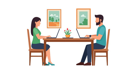 Fototapeta premium Man and Woman Working on Laptops at Home Vector Illustration - Remote Work, Freelancing, and Coworking Concept for Digital Nomad Lifestyle and Telecommuting