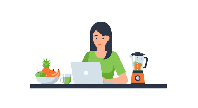 Woman working on laptop with healthy food, fresh fruit bowl and blender on desk. Concept of wellness, nutrition, remote work and healthy lifestyle vector illustration.