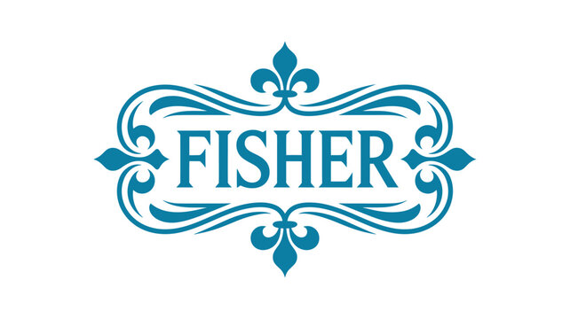 Blue decorative fisher family name plaque with ornate scrollwork flourishes and symmetrical floral elements in a classic design.