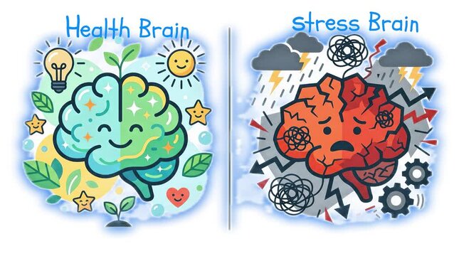 Mental Health and Stress Brain Concept Animation with Health Versus Stress Illustration