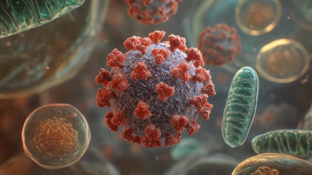 Microscopic view of Hantavirus interacting with cellular components, illustrating complex biological processes like autophagy and viral replication