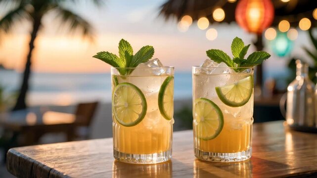 Tropical cocktails with lime slices, mint leaves and ice on seaside bar table during sunset creating refreshing vacation mood at resort